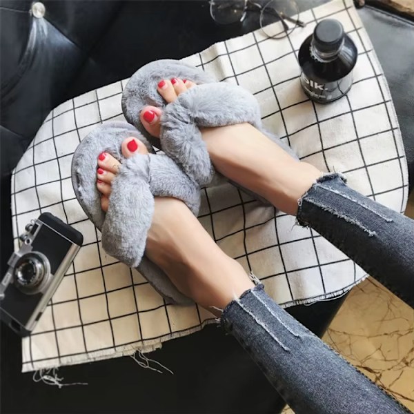 Hjemmesko for kvinner i kunstig pels, varme sko, slip-on-ballerinaer grey 36-37