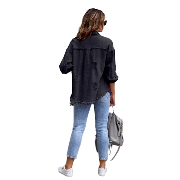 Kvinnors Ripped Distressed Denim Jacka Casual Långärmad Pojkvän Jean Rock black M