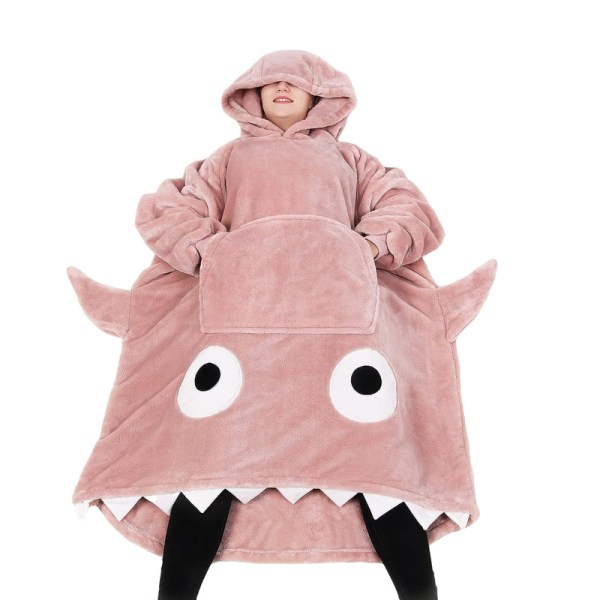 Shark Hoodie Filt för vuxna, Shark Bärbar filt Sweatshirt Pink