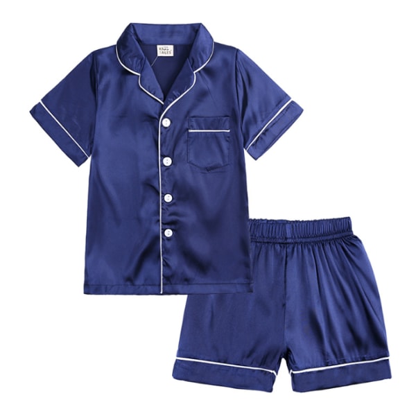 Pyjamas Set för Kid Button-up Silk Pyjamas Sovkläder Set Navy Blue 100cm