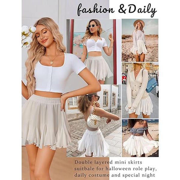 Dame Skørt med Pletter, Casual Højtaljet, Ruffler, Flared Mini Lingeri Skørt White M