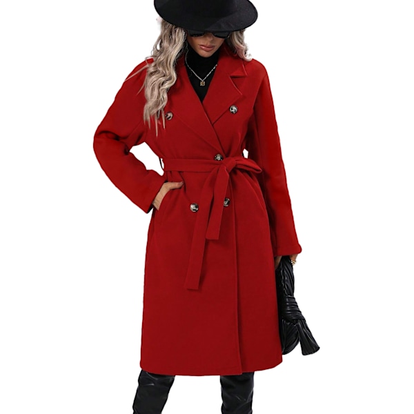 Kvinnors Lång Ull Peacoat Med Hakad Krage Dubbelknäppt Trenchcoat red 2XL