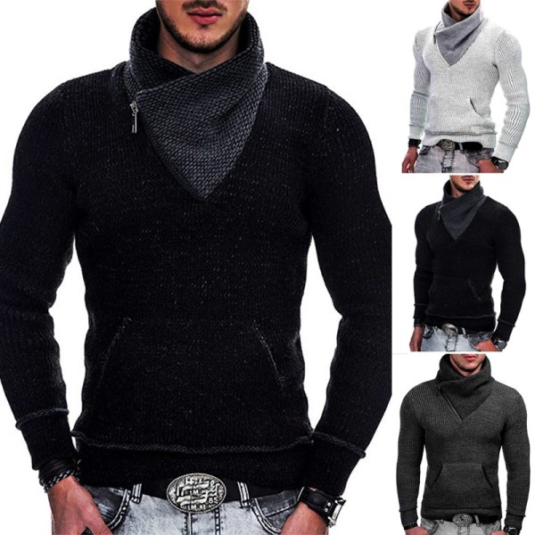 Stickade tröjor med turtleneck för män Slim Fit-tröja med fickor Black XL