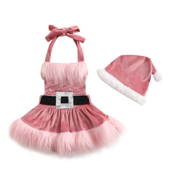 Vauvan tyttöjen joulurompperimekko, helmiä, valkoinen pörröinen reunus, tutu-hyppyhaalari hatulla pink 70cm
