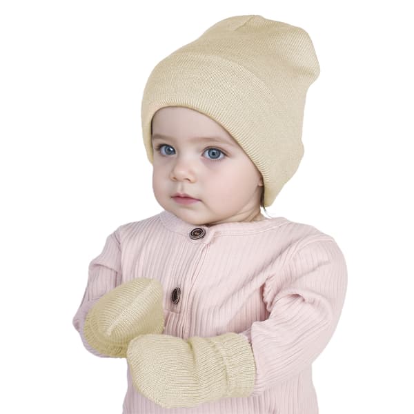 Vintermössa och Vantar Set för Barn Stickad Pullover Mössa beige S