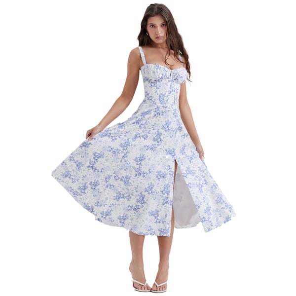 Naisten kesämekko, kukallinen boho-mekko, neliöaukkoinen, olkaimellinen, keinuva blue L