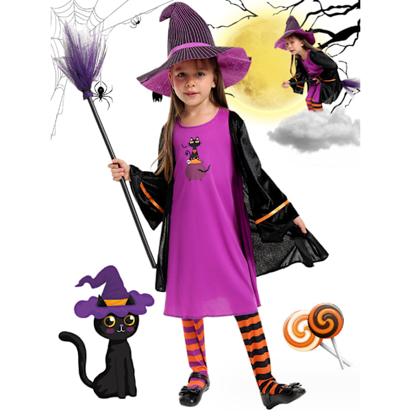 Jente Svart Katt Kostyme med Hatt for Barn til Halloween Kostyme Kledning S