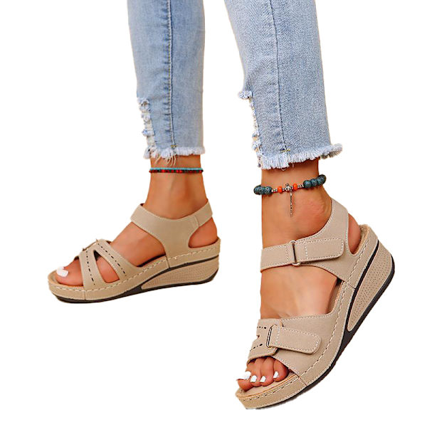 Ortopediset kiila-sandaalit naisille, avoin varvas, nilkkaremmi, korkeapohjainen beige 36