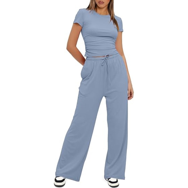 Kvinnors 2-delade outfits Loungeset Kortärmade toppar och byxor med vida ben med hög midja Träningsoverallsset Blue XL