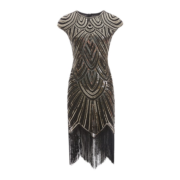 Vintage Flapper Klänningar från 1920-talet för kvinnor Kristallpärlfransade Great Gatsby-klänning Black&Gold S