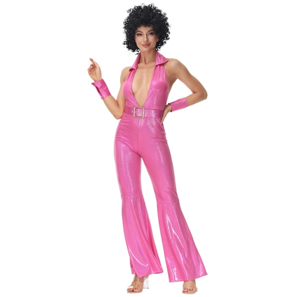 Vintagefest 70-tal 80-tal Hippie Kostymer Cosplay Jumpsuit Karneval Dräkt pink XL