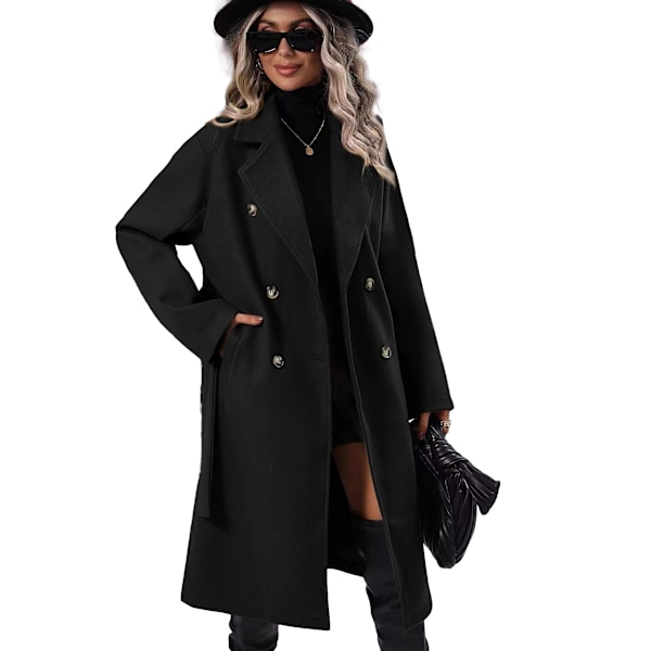 Lang ullkåpe for kvinner med hakket revers, dobbeltknappet trenchcoat black L