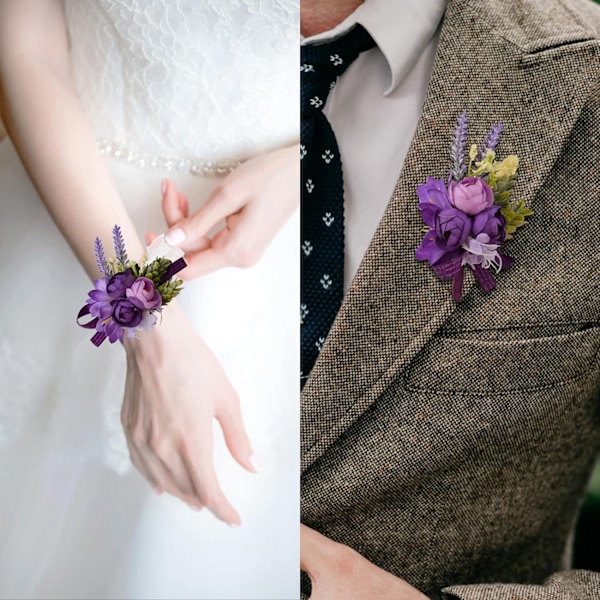 Håndleds Corsage og Boutonniere Sæt, 1 Sæt Lille Rose Lilla Håndblomst