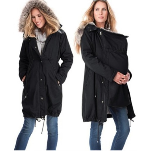 Kvinnor Gravid 3 i 1 förtjockade ytterkläder Vinter varm huva kappa Black 2XL