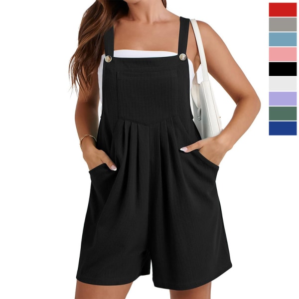 Sommerlig afslappet romper til kvinder - Løstsiddende vaflestrikket kort overall jumpsuit med lomme Black M