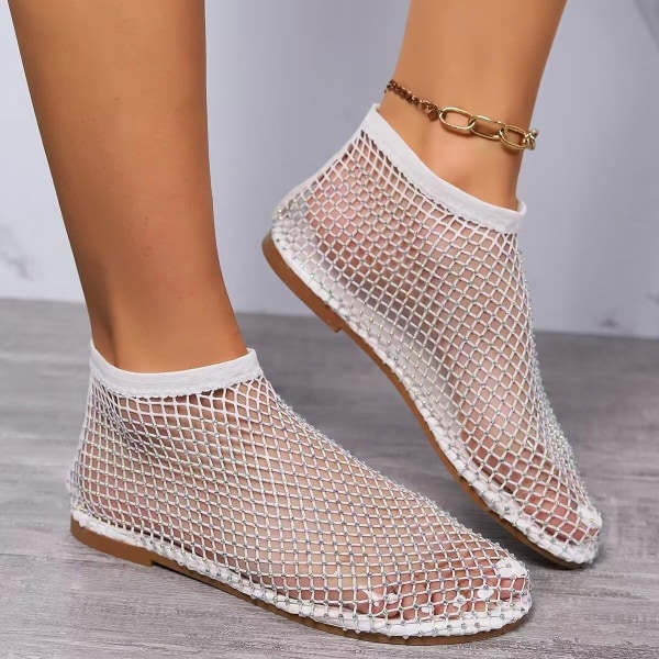 Mesh Flats Rhinestone Korta Sandaler Sexig Platt Cutout Glittrande Casual Bröllopsklänning Flats White 40