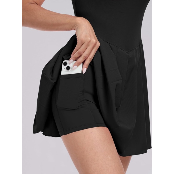 Tennisklänning för kvinnor med inbyggda shorts Plisserad träningspass Athletic Golf Romper Dress Black M