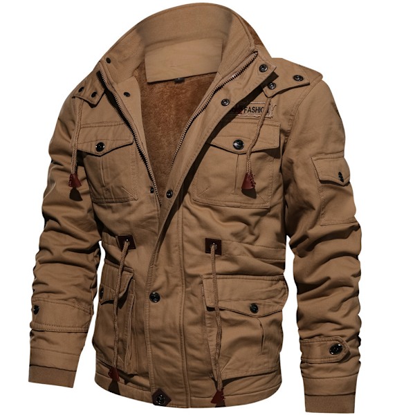 Herrar Vinterjacka Fleecefodrad Tjock Arbetsjacka Varma Cargojackor med Huva khaki 4XL