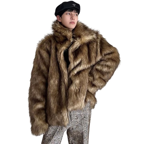 Mænds Langærmet Fluffy Faux Fur Frakke, Vintervarm Faux Fur Jakke L