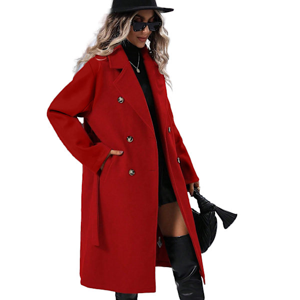 Lang ullkåpe for kvinner med hakket revers, dobbeltknappet trenchcoat red L