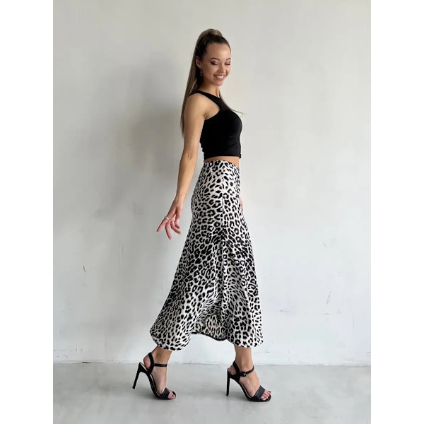 Satin Leopard Print Skjørt Højtaljet Elastisk Talje Langt Skjørt white M