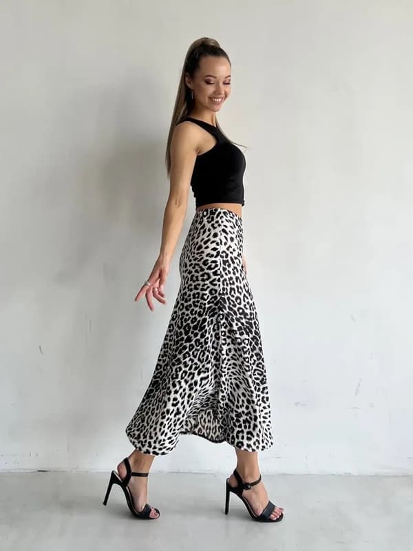 Satin Leopardmönstrat Kjolar Högmidja Elastisk Midja Lång Kjolar white M