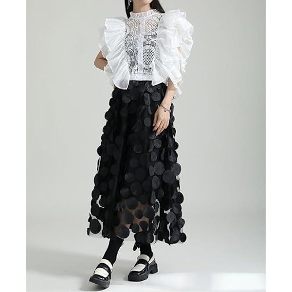 Tullkjol Kvinna 3D Polka Dot Elastisk Midja Mesh Midi Kjolar black