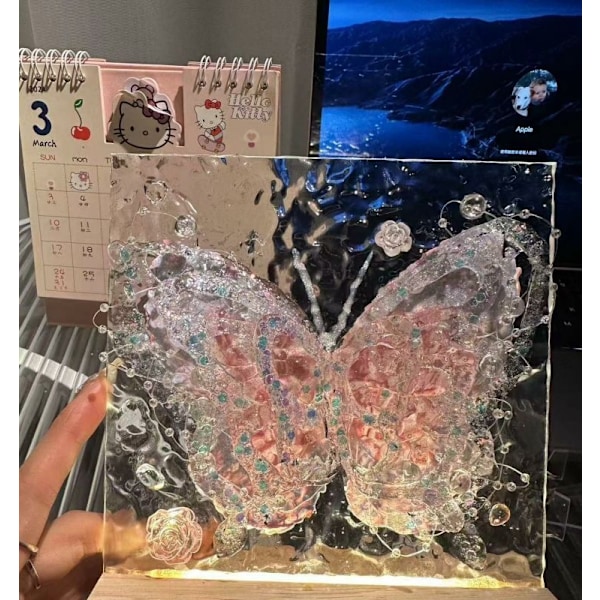 Håndlavet DIY 3D Akryl Vandbølge Butterfly Glasmosaik Natlys, Glaskunst