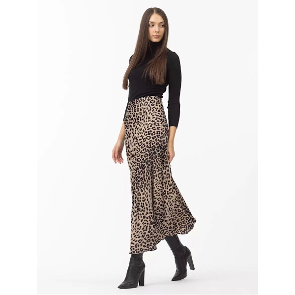 Satin Leopard Print Skjørt Højtaljet Elastisk Talje Langt Skjørt beige M