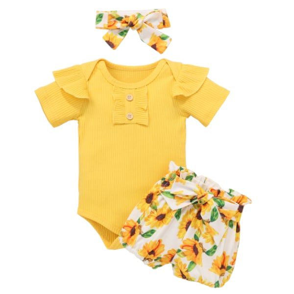 Kläder för baby flicka Kläder Outfits Ruffle Romper och korta byxor set Yellow 100cm