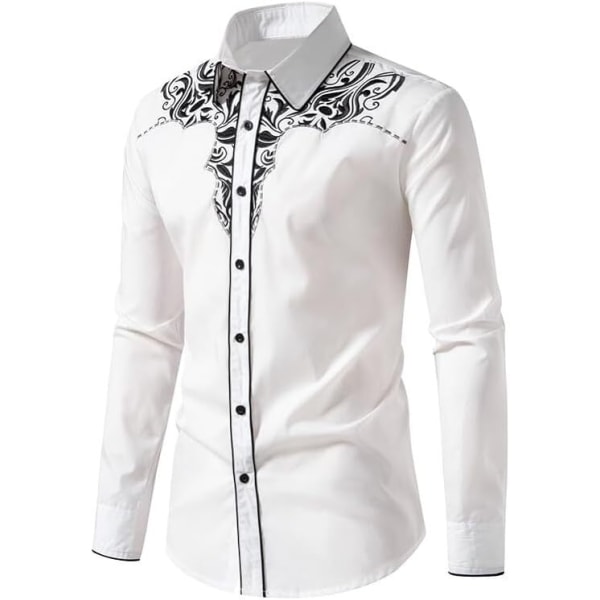Herrar Casual Knapp-Ner Långärmad Broderade Skjortor White 2 2XL