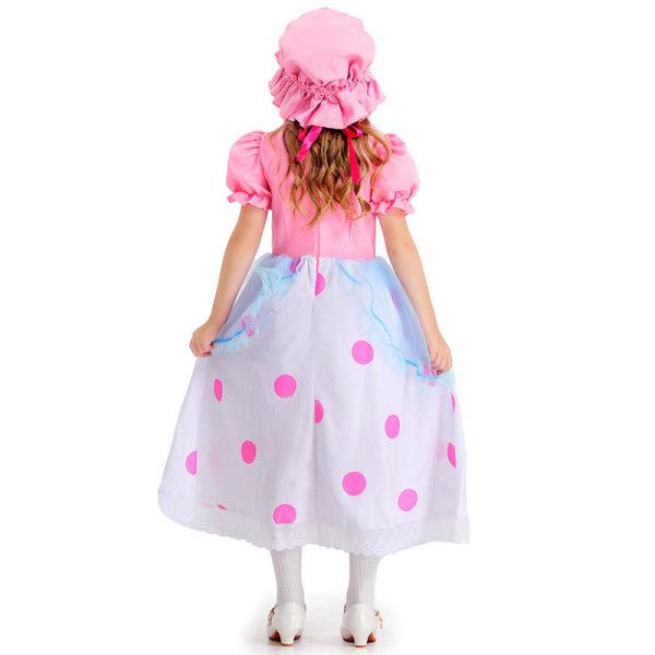 Pige Bo Peep Kostume med Bonnet Polka Dot Kjole, Halloween Pink Hyrdedragt 120cm