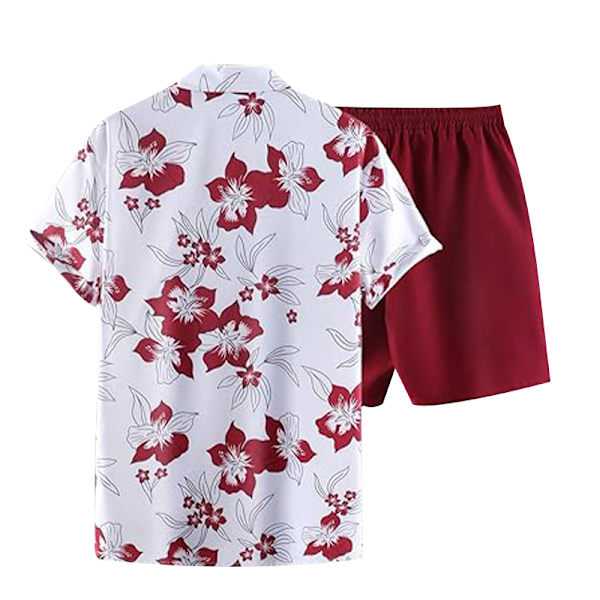 Herr 2-delars outfit blommig tropisk tryck knapp ner skjorta set red M