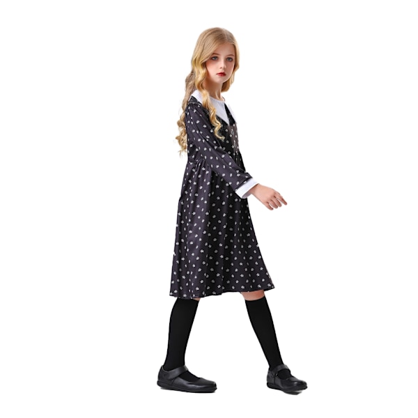 Pige Kjole Sort Blomstermønster Langærmet med Hvid Krave Kostume Cosplay Outfit 120cm