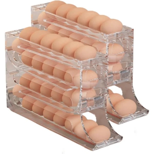 4-vånings äggförvaring för kylskåp, Automatisk rullande äggbricka för 30 ägg Transparent 2 Pcs