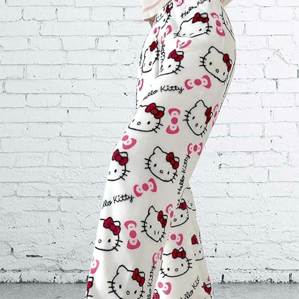 Naisten Piirretty Kissan Pyjama Housut Flanelli Mukavat Unihousut white L