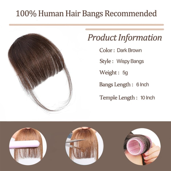 Clip In Bangs-Fake Bangs Hair Clip Mörkbrun Clip On Bangs Riktigt människohår Brown