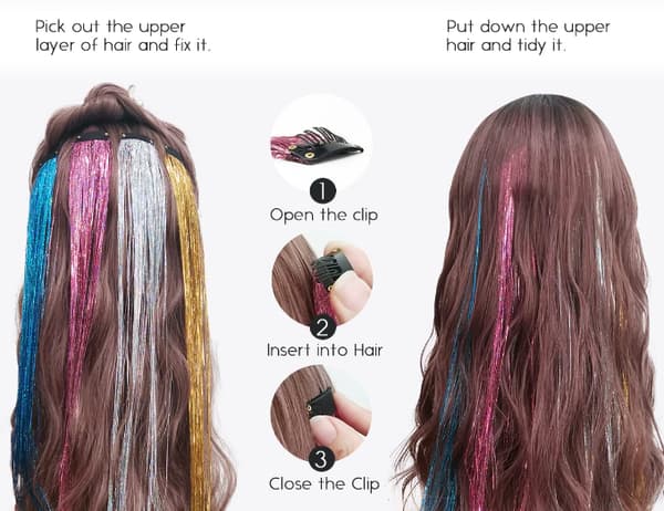 Clip-in Tinsel Hårextensions til Børn, Glitter Hårextensionsklips