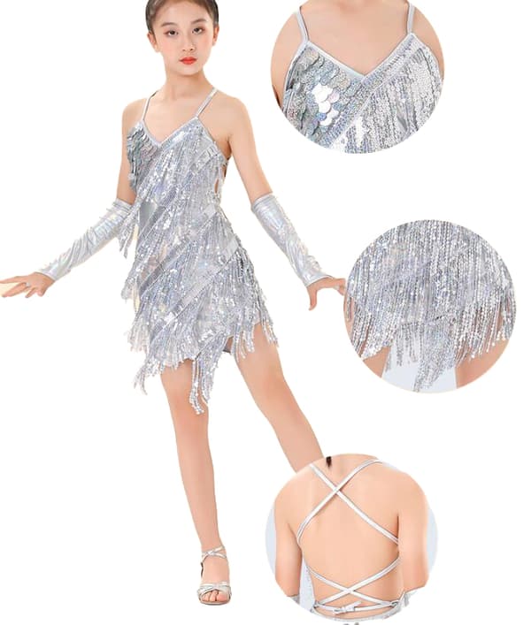 Børnedans Latin Kjole til Piger Sexy Sequin Fringe silver S