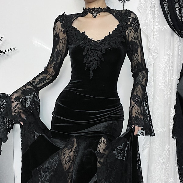 Gotisk Slim Lace Lång Goth Klänning Kläder M