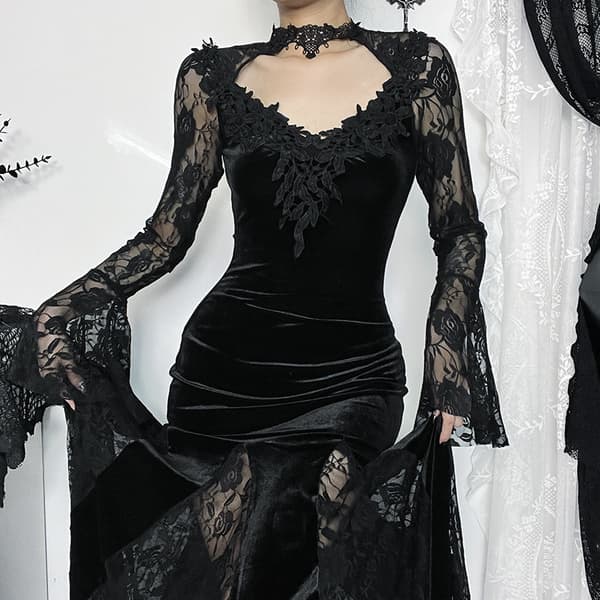 Gotisk Slim Lace Lång Goth Klänning Kläder S