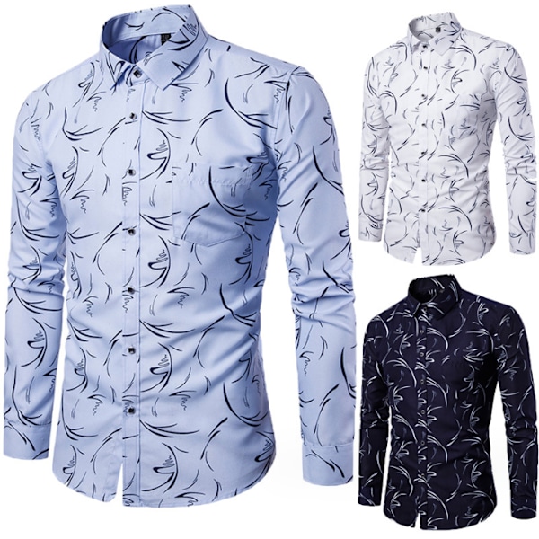 Modeherrskjorta Casual Blommig Bomulls Skjorta för Män Light Blue 4XL