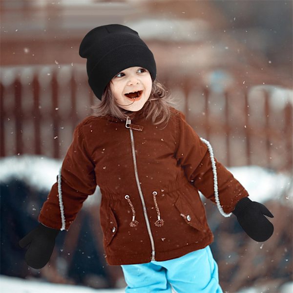 Vintervantar Handskar och Mössa Set för Barn Stickad Pullover Mössa black S