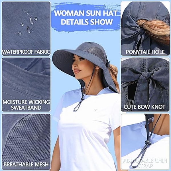 Dam solhatt UV-skydd bred brätte fiskehatt med hästsvanshål nackskydd Dark Grey