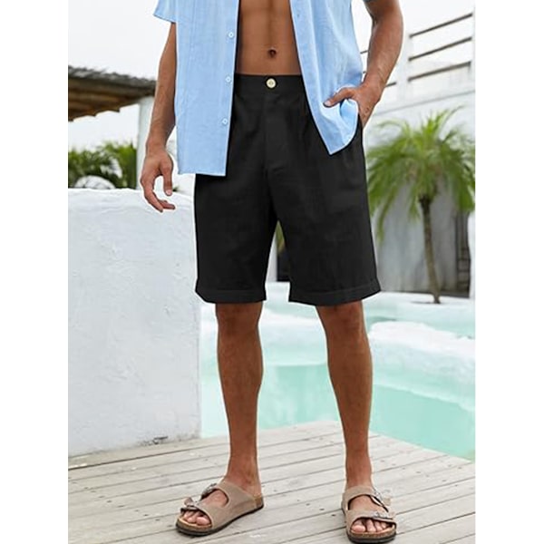 Herr bomull linne platta framsida shorts, elastisk midja strandshorts black S