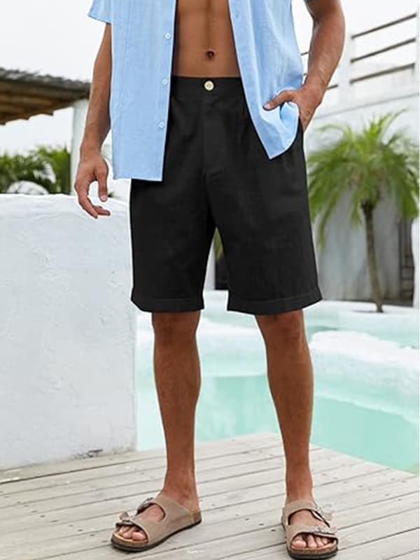 Mænds Bomuld Linned Flat Front Shorts, Elastisk Talje Strandshorts black S