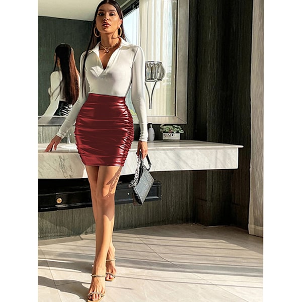 Dame Faux Læder Skørt Højtaljet Bodycon Blyant Mini Skørter red M