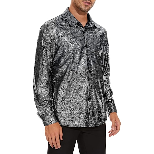 Herrar Skjortor Blanka Långärmade Helskjortor med Knappar silver XL
