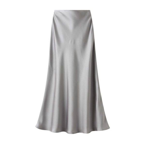 Satin midikjol Långa kjolar med hög midja för kvinnor grey L