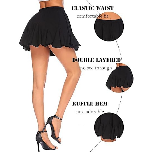 Dame Skørt med Pletter, Casual Højtaljet, Ruffler, Flared Mini Lingeri Skørt Black XL